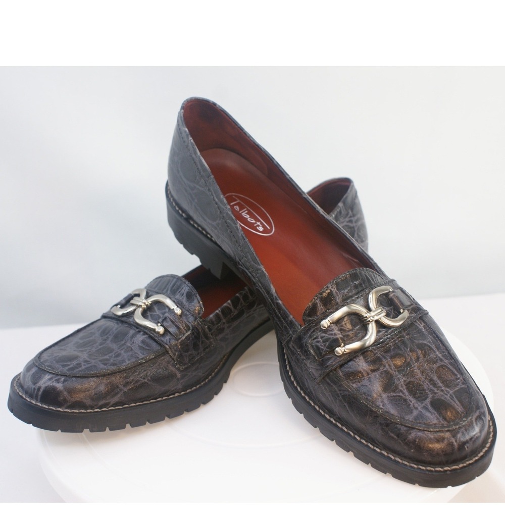 Talbots Womens 8.5 AA Dark Grey Croc Embossed Leather Horsebit Lug Sole Loafers
